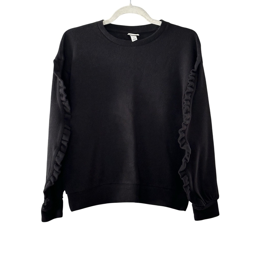 A New Day Women's S Black Crewneck Ruffle Sleeve Trim Soft Sweater | SKU 0961